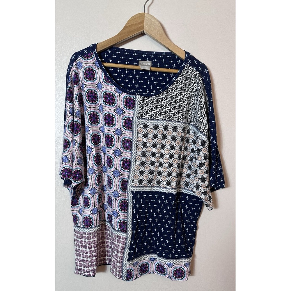 Chicos Top Womens Plus Size 0 US 6 Blue Multi Print Patchwork Geometric Artsy